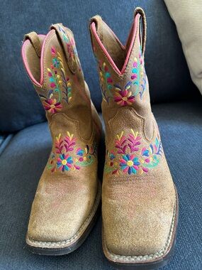 Brown Suede Embroidered Western Boots with Pink Trim